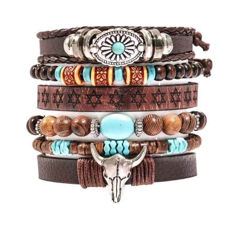 Mehrschichtiges, handgewebtes Armband mit Retro-Blumen und Pfauenfedern in Herzform aus Holzperlen_voghion.com