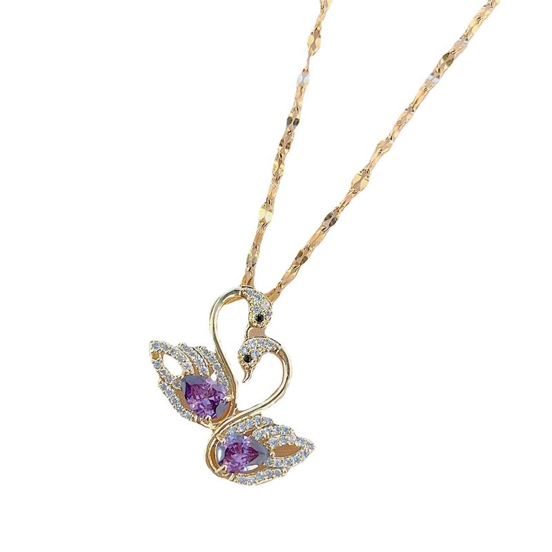 Collana con cigno in ametista per donna, in acciaio al titanio, resistente alla luce, stile celebrità di Internet, elegante e semplice, leggera_voghion.com