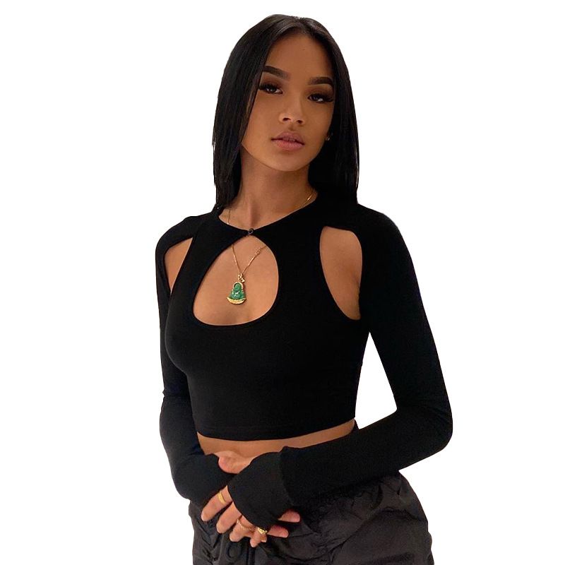 Abbigliamento da donna: nuovo top slim a maniche lunghe cavo in tinta unita con ombelico scoperto_voghion.com