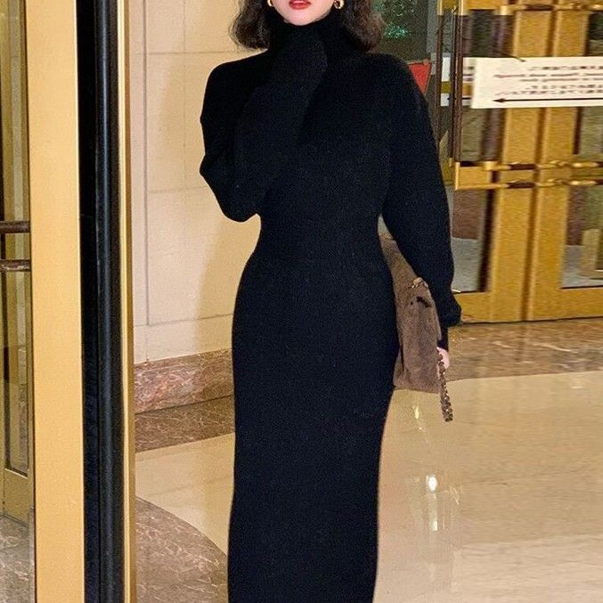 Abiti midi in maglia da donna, dolcevita, tinta unita, stile coreano, autunno, nuova moda, semplice, delicato, elegante, caldo, streetwear, tutto abbinato, stile comodo_voghion.com