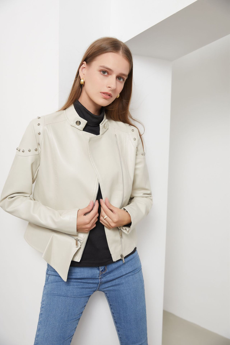 Giacca in pelle con rivetti da donna, nuova moda 2021, con colletto rialzato, tinta unita, primavera e autunno_voghion.com