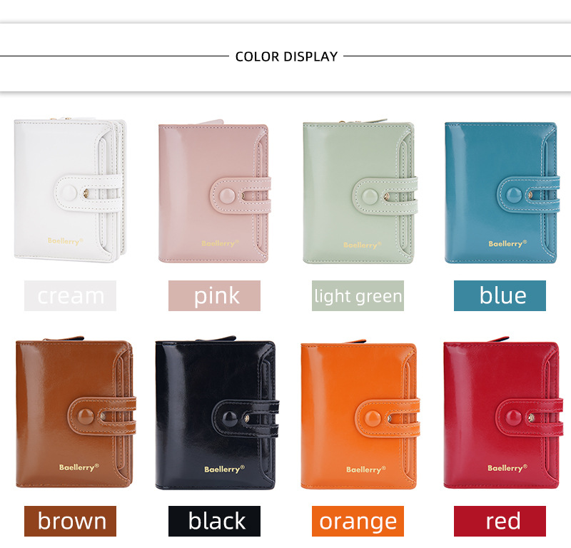 Portafoglio da donna corto Baellerry in pelle cerata lucida doppia fibbia portamonete con cerniera portacarte femminile_voghion.com