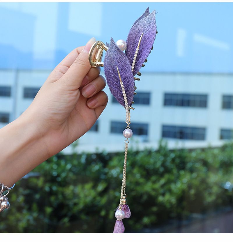 Large Leaf Multiple Strands, Butterfly Clip With Half Tied Clip, Summer High-end Tassel Hair Accessory_voghion.com