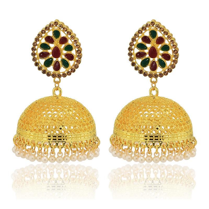 Orecchini pendenti Jhumka con campanelle dorate indiane arabe per donne Boho intagliati a forma di fiore Thailandia Egitto Piercing orecchino festa gioielli regalo_voghion.com