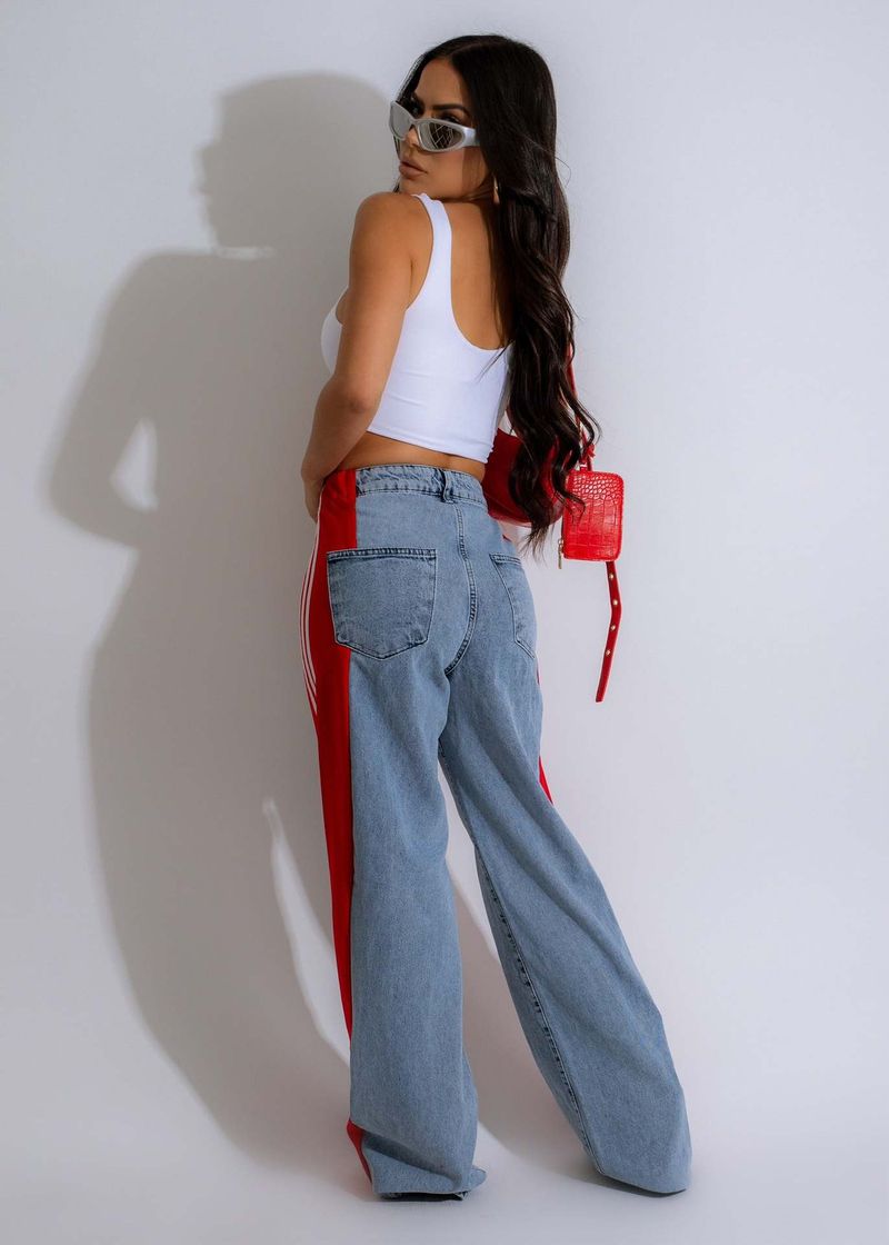Ropa de mujer Pantalones vaqueros de pierna ancha con tres rayas y empalme de moda de verano Pantalones rectos elásticos de cintura alta informales nuevos para mujer_voghion.com