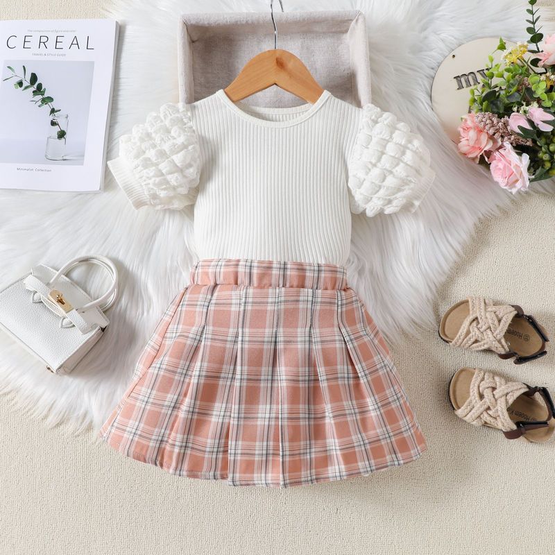 2024 Summer New Small and Medium School Children's with Bubble Sleeves, Pit Striped Top, Checkered Hundred pleats Short_voghion.com