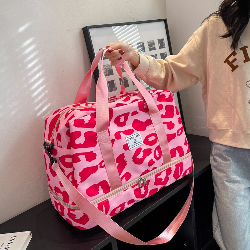 Leopard Pattern Travel Duffle Bag, Nylon Large Capacity Sports Gym Bag, Lightweight Carry On Luggage_voghion.com