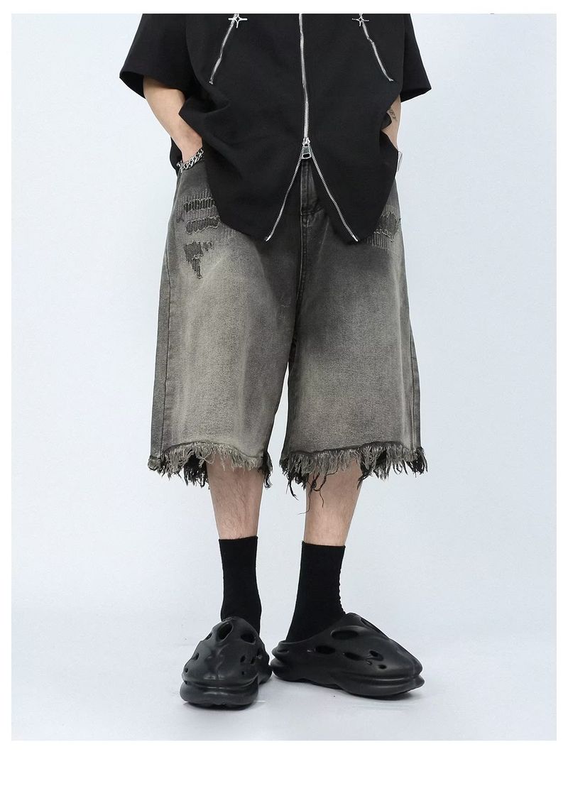 Herrenbekleidung Mid Rise Distressed Zipper Washed Jeans Lockere gerade halblange Hose_voghion.com