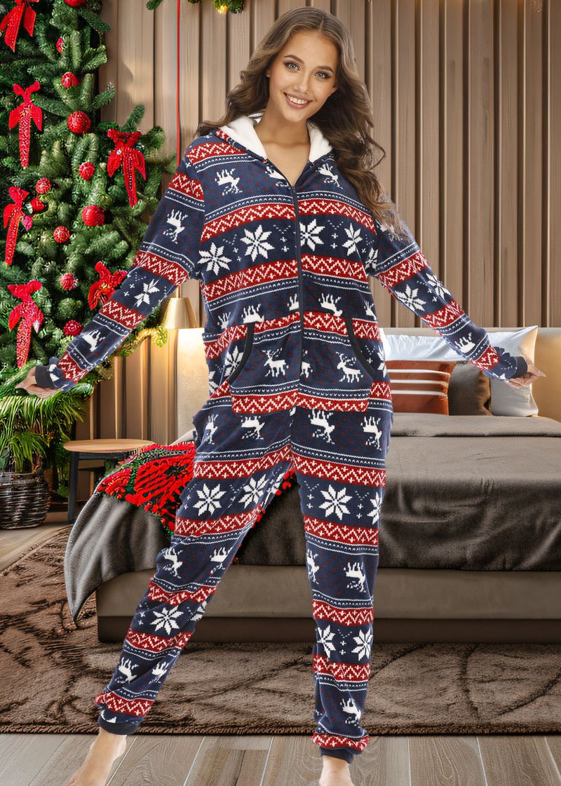 women's Christmas deer snowflake flannel hooded jumpsuit pajamas home clothes_voghion.com