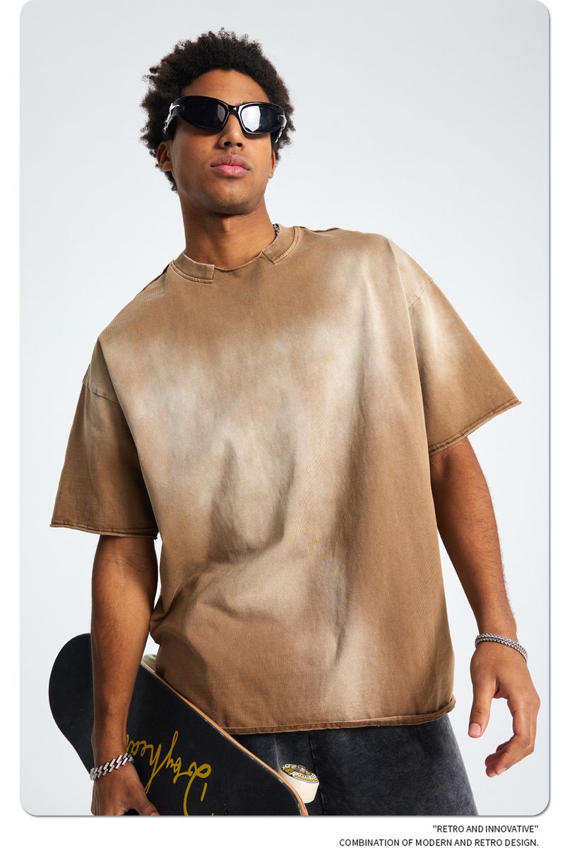 Amerikaanse stijl Gebroken kraag Losse rand Spray Dye Oud Retro Waswater Korte mouwen T-shirt Heren_voghion.com