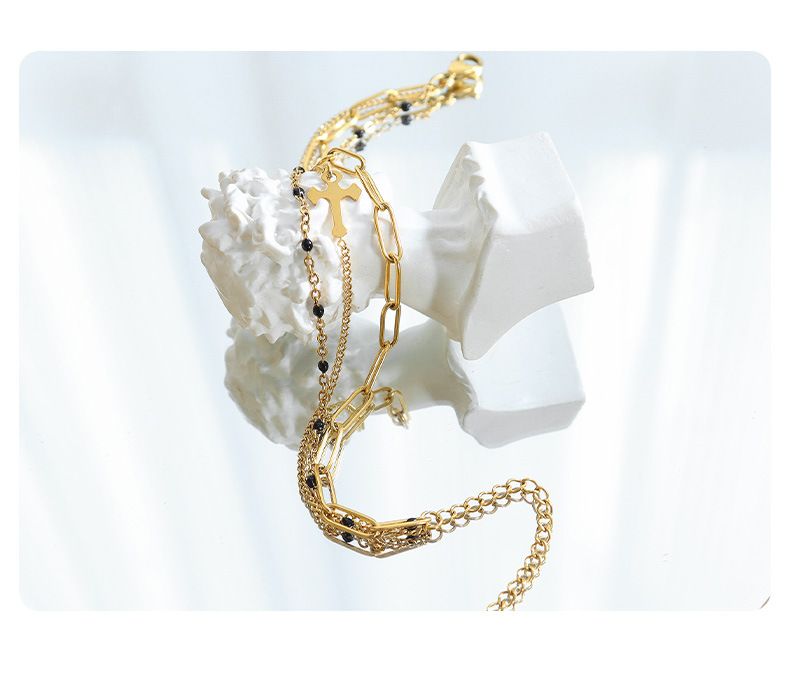 Luxury Layered Cross Bracelet Set - Gold Plated Titanium Steel Stackable Chains_voghion.com