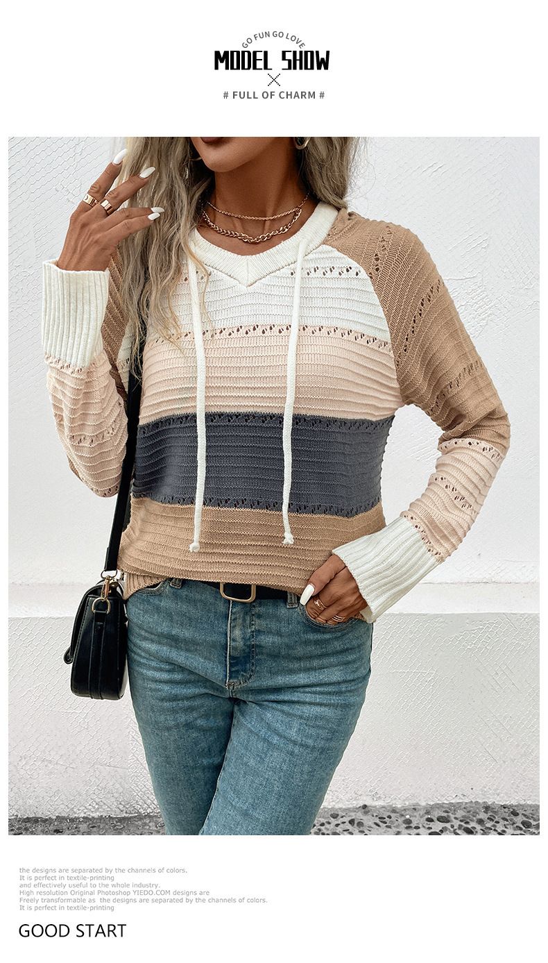 Maglione pullover colorato con cappuccio casual alla moda da donna_voghion.com