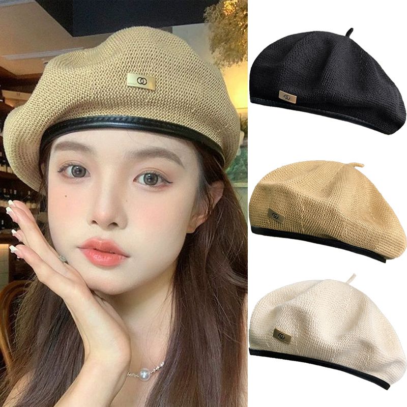 Mode Einfarbig Retro Baskenmütze Kappe für Frauen Pu Rand Gestrickte Baskenmützen Koreanische Vielseitige Britische Dünne Maler Hut Weibliche Zeitungsjunge_voghion.com