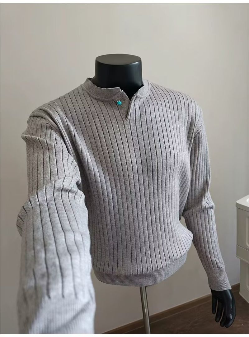 Maglione lavorato a maglia Henley turchese da uomo - Pullover a maniche lunghe testurizzato dalla vestibilità comoda per autunno e inverno, top casual traspirante e caldo_voghion.com