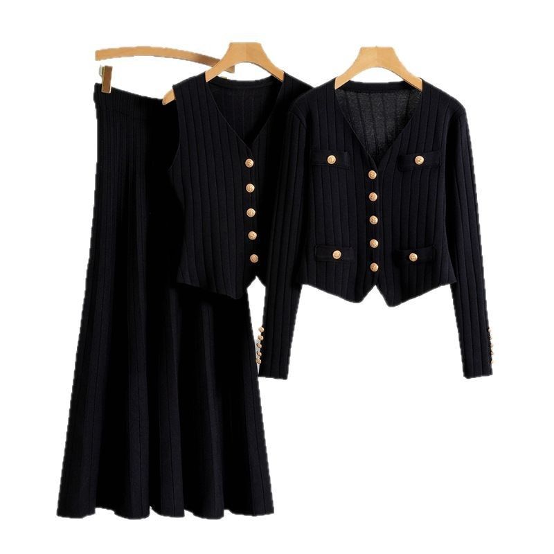 Maglione a tre pezzi con gonna a mezza lunghezza in stile coreano, vestibilità slim, autunno inverno 2025, per donna, gilet lavorato a maglia_voghion.com