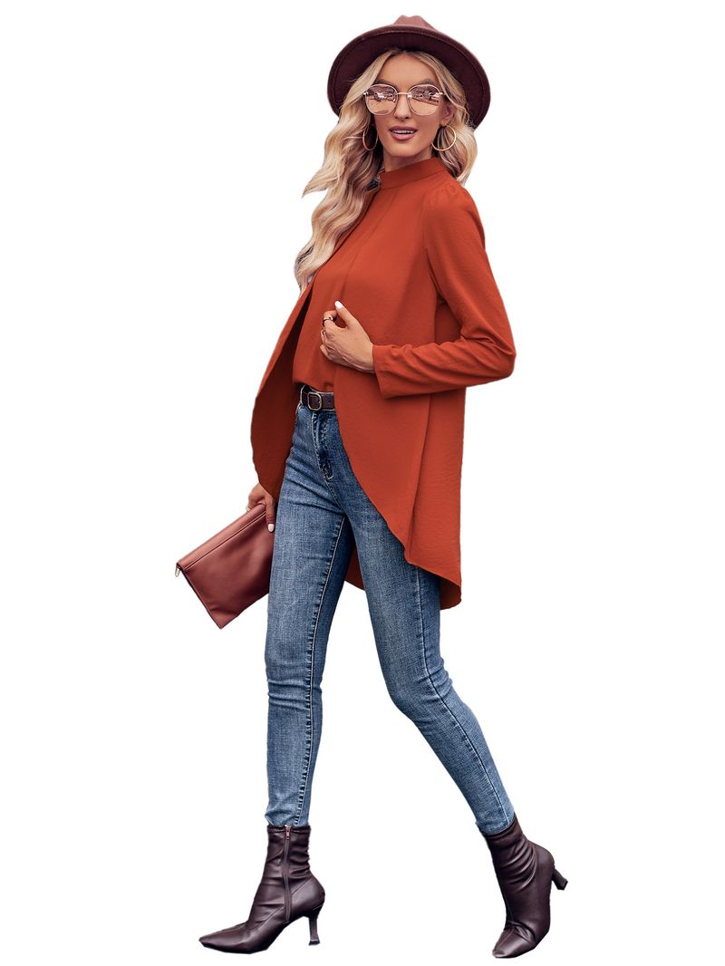 Abbigliamento da donna, camicia in due pezzi finta a maniche lunghe, tinta unita, collo semi-alto, casual, da donna_voghion.com