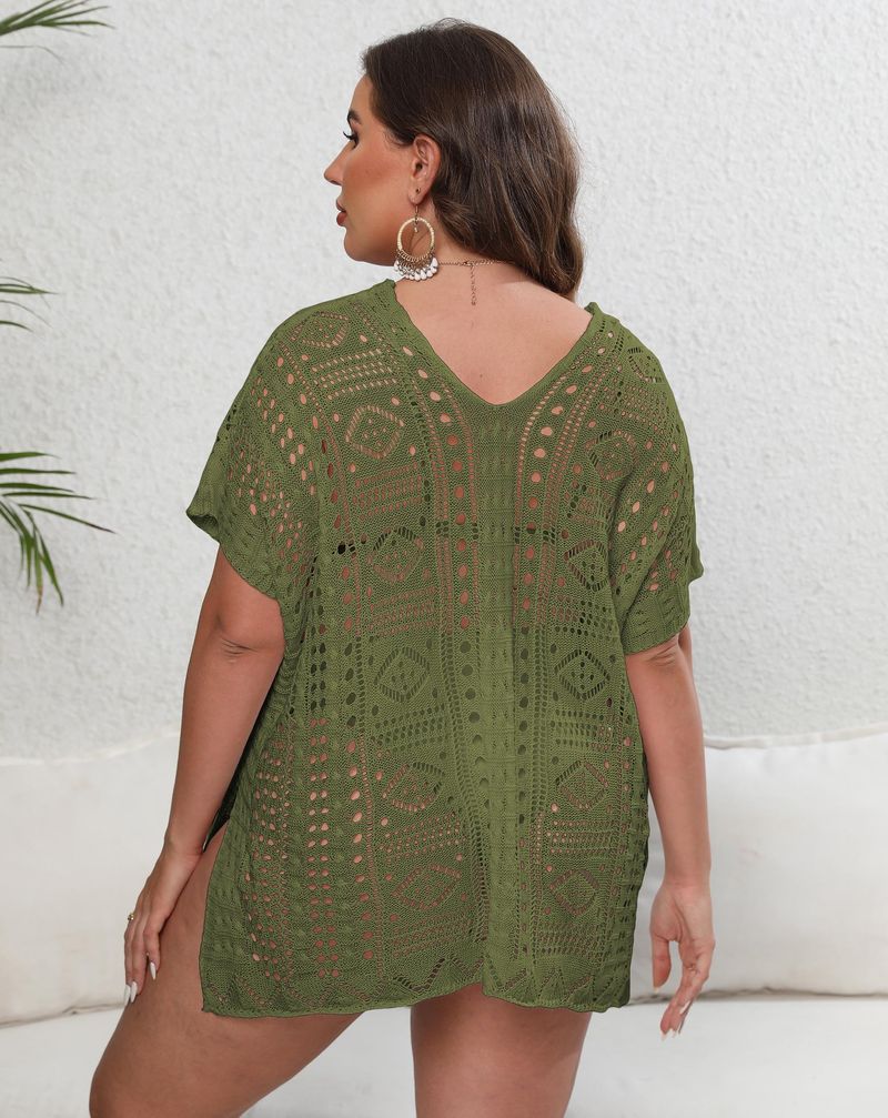 Women's bikini cover-up large size women's woven shirt hollow deep V beach dress_voghion.com