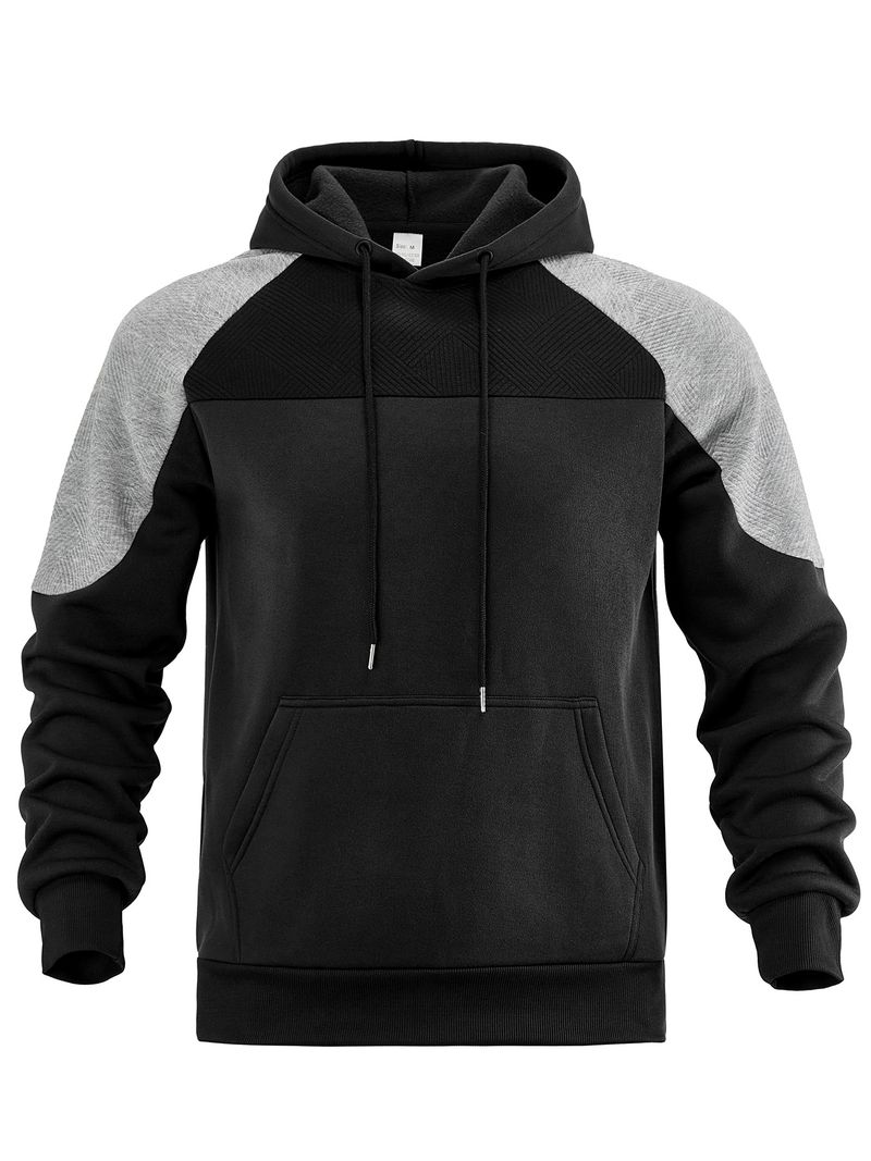 Felpa con cappuccio color-block da uomo: pullover alla moda con pannelli a contrasto e vestibilità comoda (grigio chiaro/nero/kaki/blu navy)_voghion.com