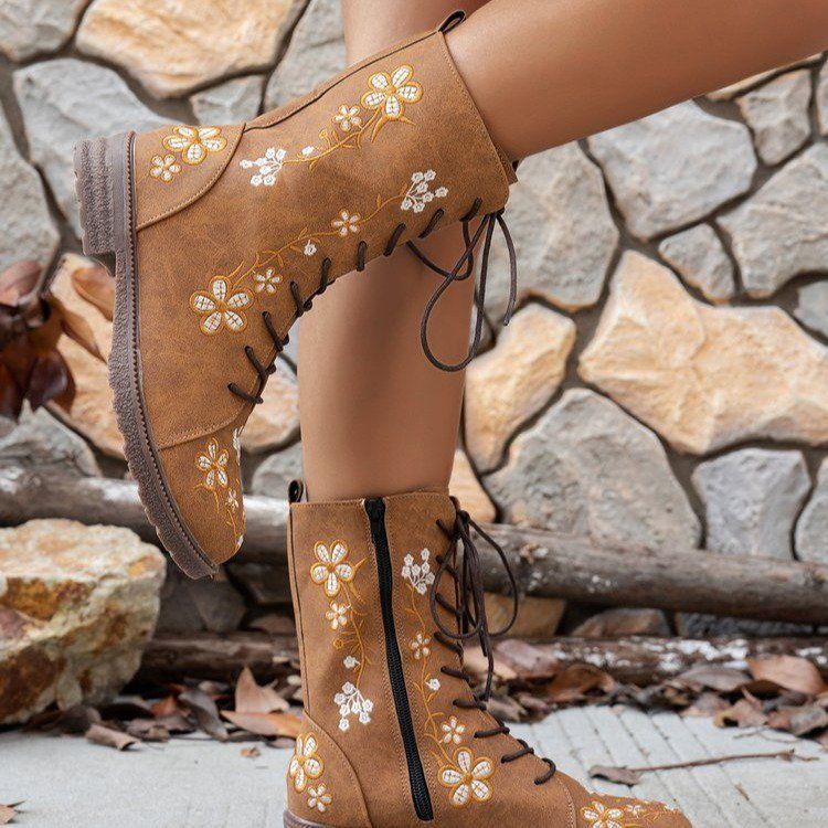 Cross-Border Plus Size Mid-Calf 2025 Autunno Inverno Stampato Lace-Up Martin Per Donna Stile Europeo E Americano Moda_voghion.com