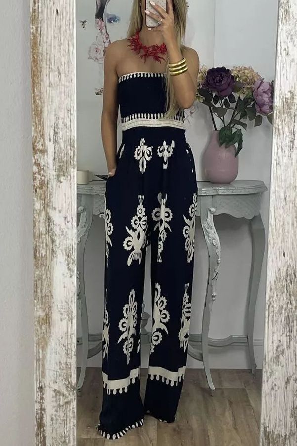 Women's chest-wrapped printed jumpsuits high-waisted casual pants for women_voghion.com