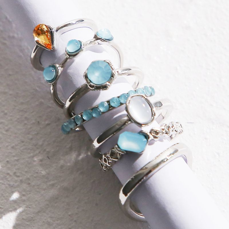 2025 Fashion Style Women's Crystal and Gemstone Ring Set, Retro Fashion Gold Silver Resin Ring, Geometric Design_voghion.com