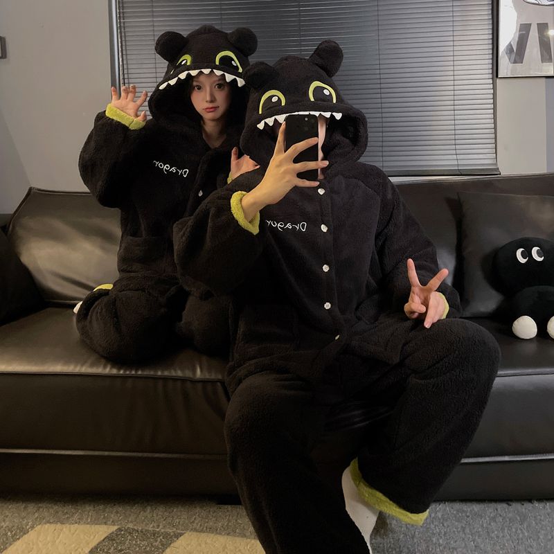 Toothless Couple Little Monster Long Winter Pajamas Cute Cartoon Plus Plush Thick Home Clothes Women's Set_voghion.com