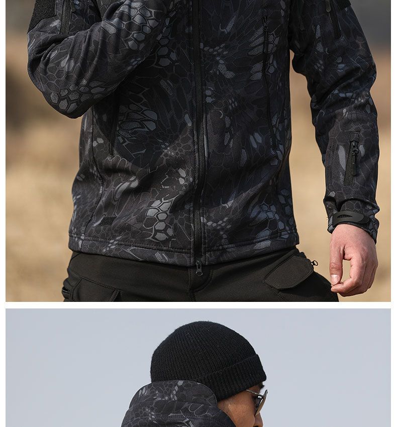 Giacca softshell tattica per gli amanti delle attività all'aria aperta, impermeabile, calda, foderata in pile, con cappuccio da combattimento militare, motivo mimetico effetto pelle di squalo._voghion.com