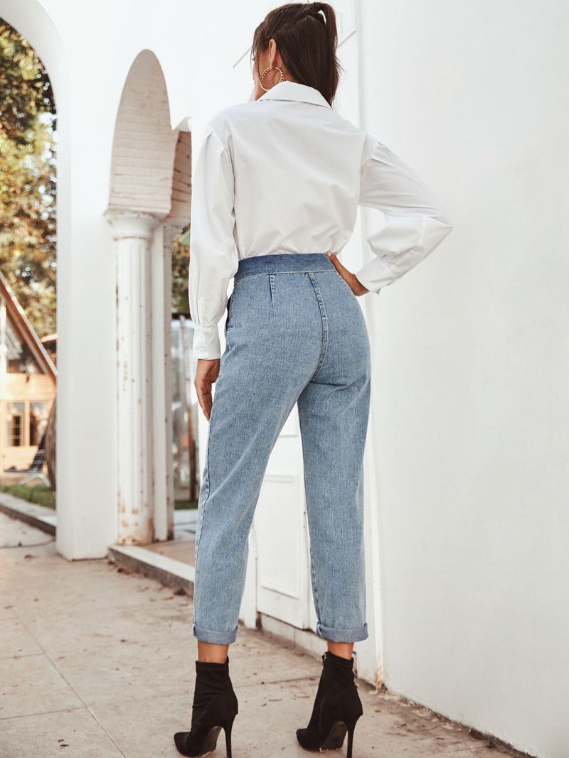 Women's Clothing High Waist Straight Leg Denim Jeans - Classic Blue Washed Cotton Casual Trousers For Everyday Wear_voghion.com