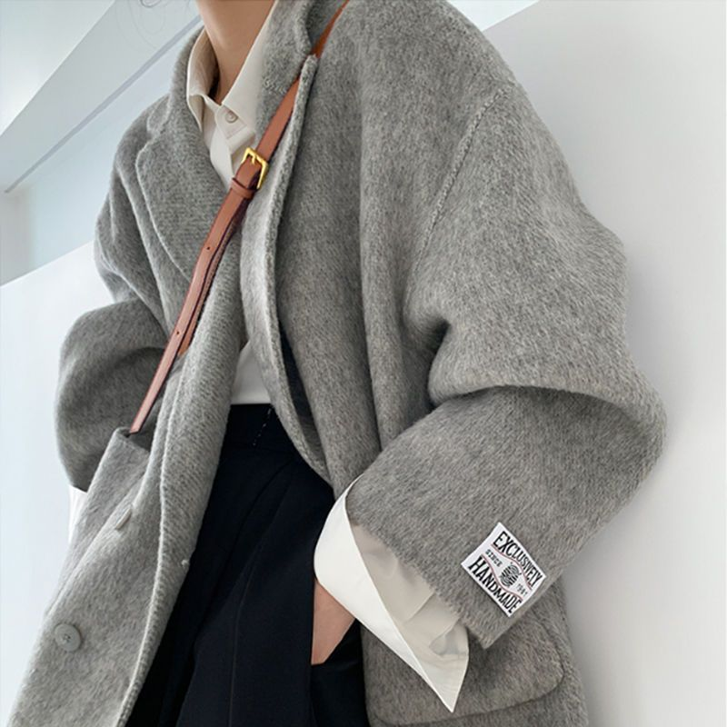 Wolle & Mischungen Mäntel für Frauen Grau Verdickung Herbst Winter Frauen Kalten Mantel Lose Umlegekragen Mode Anzug Frauen_voghion.com