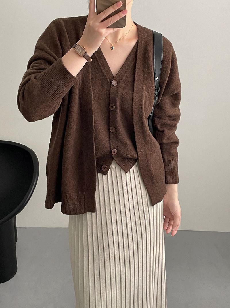Frauen Kleidung strickjacke zwei stück set herbst neue Koreanische version einfache v-ausschnitt weiche wachsartige pullover weibliche weste_voghion.com