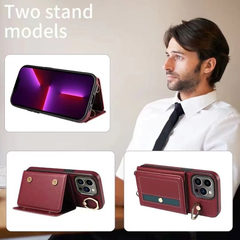 For Iphone 11 12 13 14 15 Pro Max Plus Leather Card Holder Ring Stand Long Strap Phone Case Cover_voghion.com