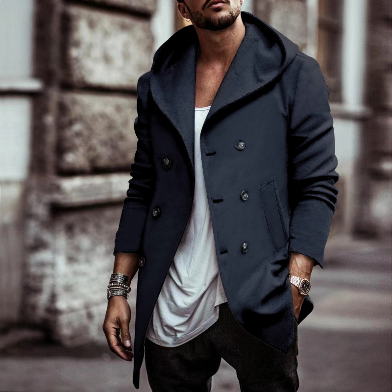 Abbigliamento da uomo Elegante cappotto lungo da uomo con cappuccio e bottoni doppiopetto - Tessuto composito leggero per abbigliamento casual e invernale_voghion.com