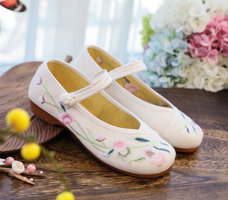 Esclusa la scatola per scarpe, la suola in tendine di mucca, il bottone in stoffa ricamato con fiore di prugna con tacco basso, il ballo della mamma, le scarpe singole da donna_voghion.com