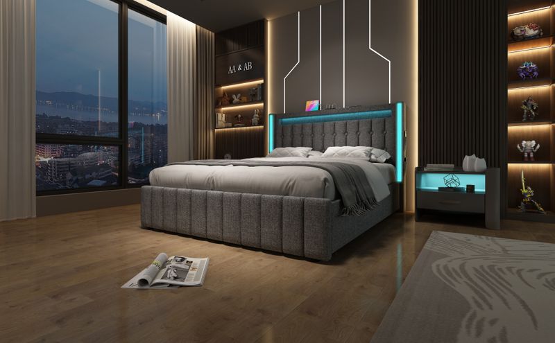 Lit double avec rangement et lattes en bois, chargement USB Type-C, éclairage LED et 4 tiroirs, gris (matelas non inclus). Lit enfant 140 x 200 cm._voghion.com