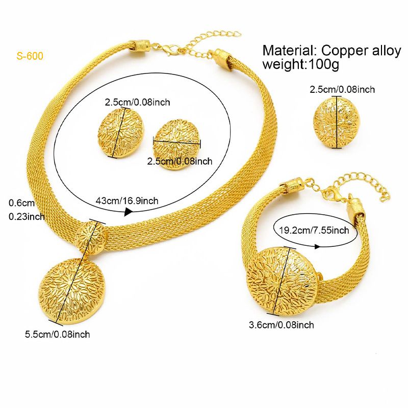 Set di gioielli in oro da donna, in lega di rame, placcati in oro, Dubai, set di moda di vendita calda, sposa indiana, collana, orecchini, bracciale, anello, gioielli_voghion.com