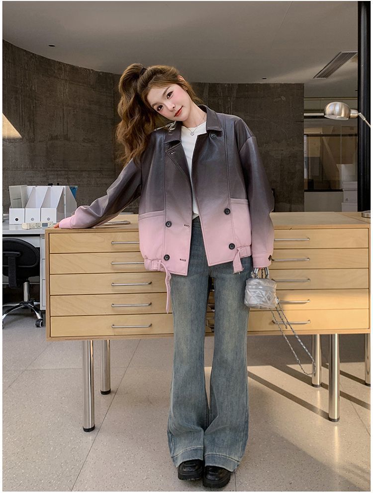 Giacca in pelle PU alla moda in stile coreano, taglia piccola, primavera 2025, grigio sfumato rosa per donna_voghion.com