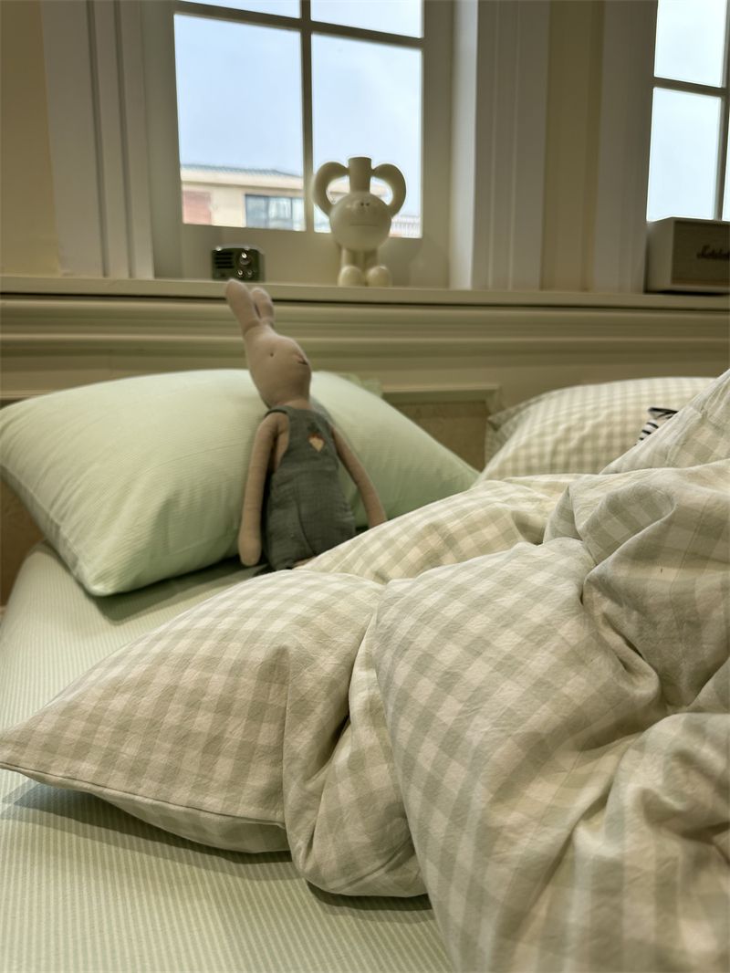 Minimalist Japanese Style Gray Plaid Bedding 100% Cotton 1.5m 1.8m Student Dormitory Duvet Cover Set 1.2m_voghion.com