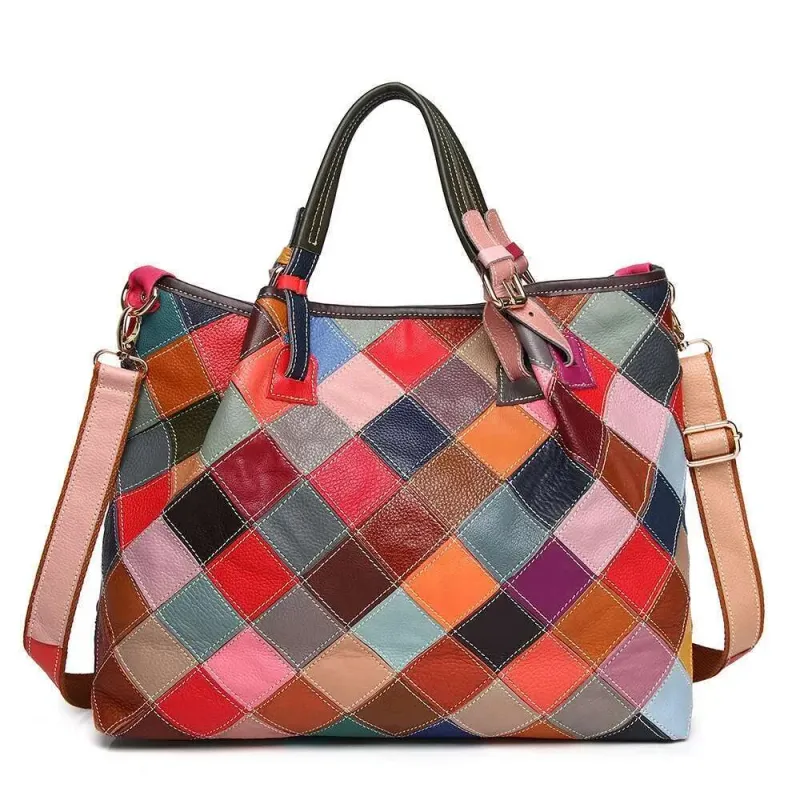 Borse firmate Nuova borsa a tracolla in pelle di mucca con primo strato di plaid fatto a mano con fiori colorati_voghion.com