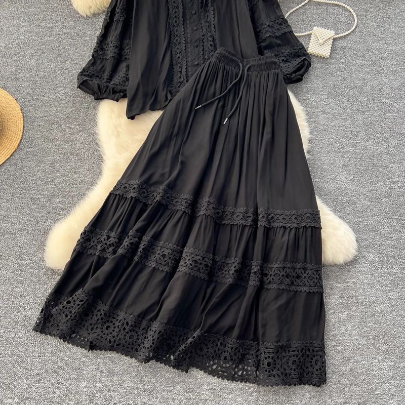 Damenbekleidung Hochwertiges Langarmhemd mit Hohlspitze und Laterne, hoch taillierter, eng anliegender Rock_voghion.com