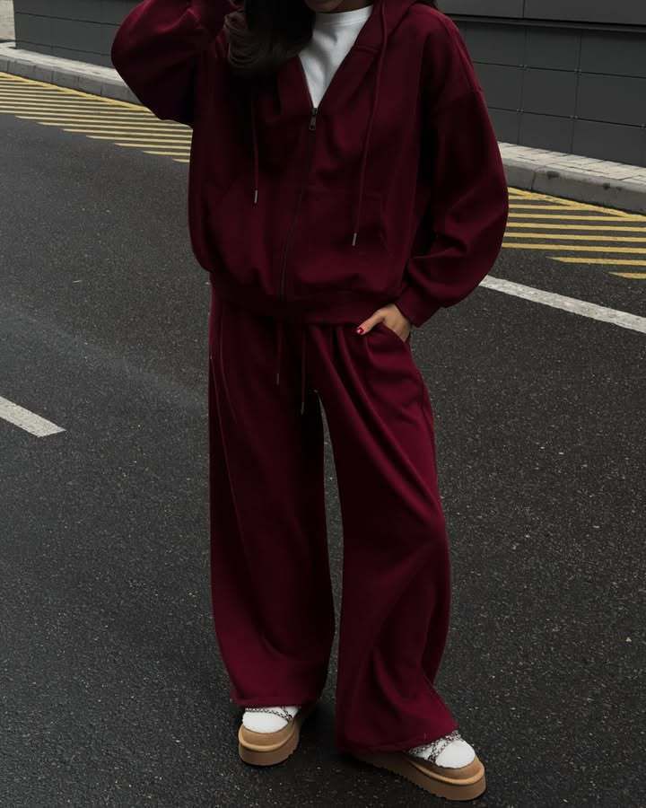 Conjunto casual de sudadera y jogger para mujer (manga larga, 65 % algodón, tallas S-XL) – Conjunto de dos piezas en color vino, espresso y bosque_voghion.com