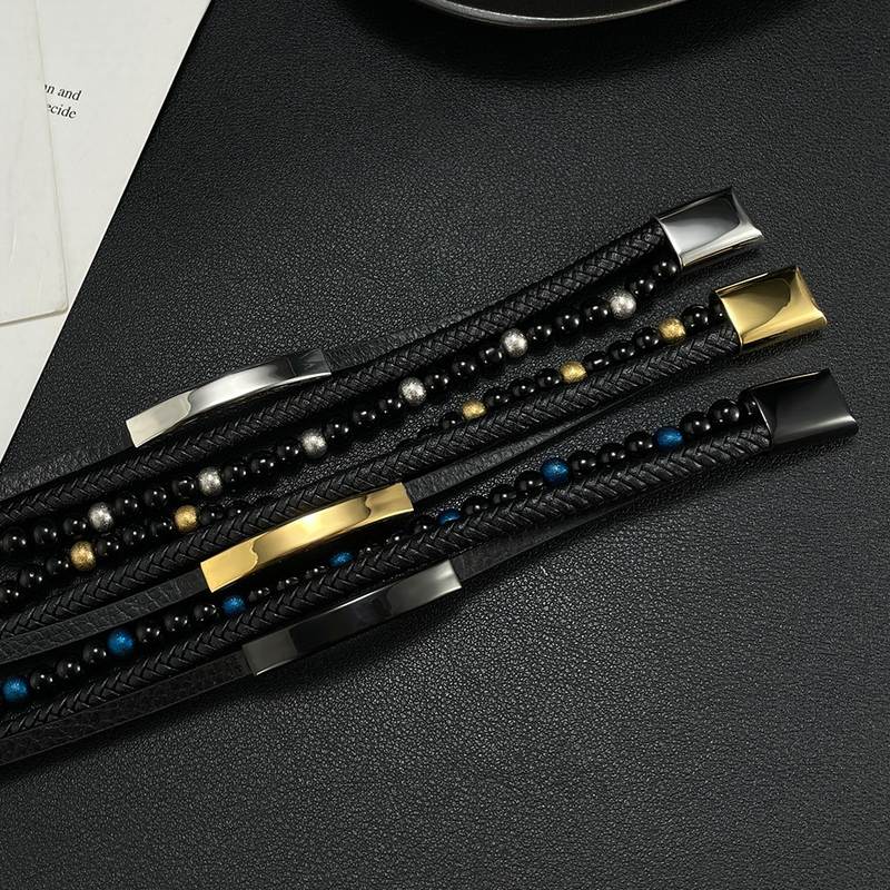 Multi-Layer Handmade Woven Leather String Bracelet Black Agate Beaded Bracelet For Men_voghion.com