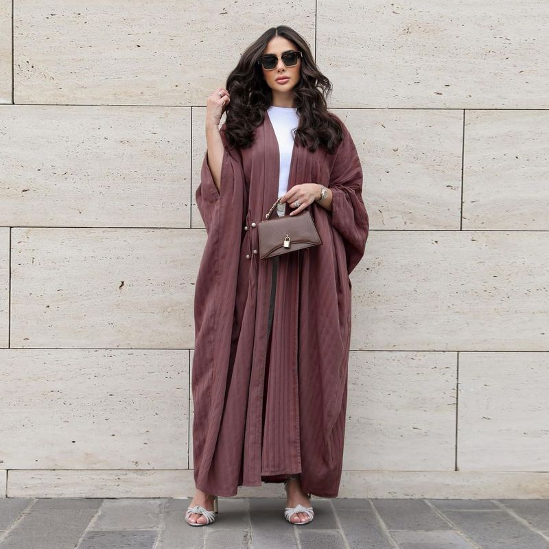 Verve MQ077 Muslim Women's Modest Fashion Turkish Striped Casual Plus Size Abaya Cardigan Robe_voghion.com