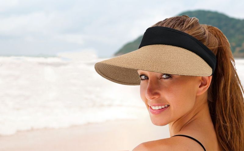 BABAHU Outdoor Women's Grass Weaving Sunshade Hat with Wide Brim Summer Empty Top Sun Hat Ponytail Braid Beach Hat Foldable_voghion.com