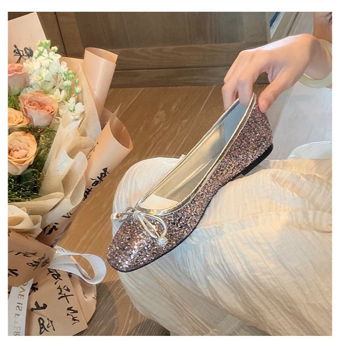 klasyczne, okrągłe, kokardkowe i płytkie, wykwintne baletki z pereł, damskie, płaska podeszwa_voghion.com