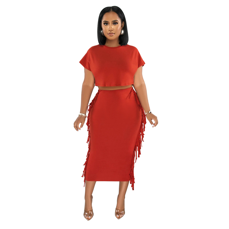 X6331 Ensemble deux pièces pour femme, robe longue à manches courtes et col rond, couleur unie, avec pompons_voghion.com
