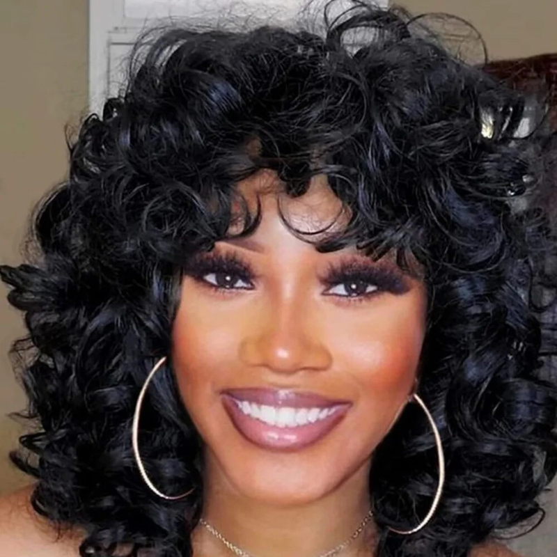 Synthetische Perücke. Neu für Frauen mit natürlichen kleinen Locken. Hochtemperatur-Seiden-Stirnband-Abdeckung, flauschiges, kurzes, lockiges Haar_voghion.com