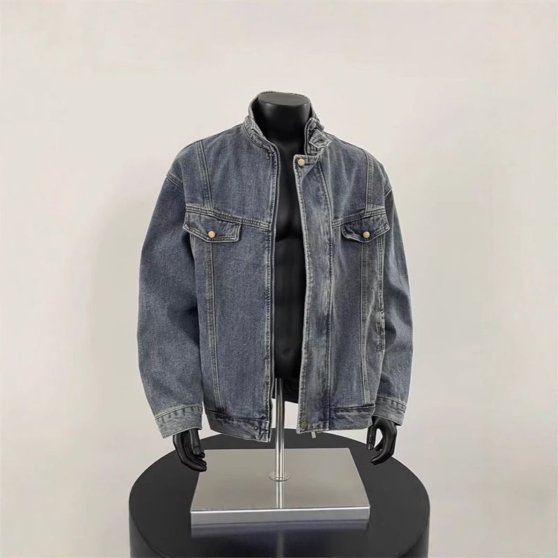 Frühlingsneue Denim-Herrenjacke mit strapazierfähigem, gewaschenem Stehkragen, lässig, locker, trendig, amerikanisches High-End-Sense-Oberteil_voghion.com