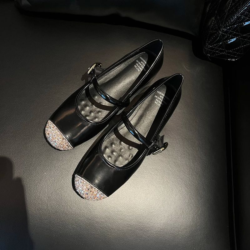 2025 Silver Hidden Heel Women's Single Patchwork Round Toe Soft Sole Flat Ballet One Strap Mary Jane Shoes Women_voghion.com