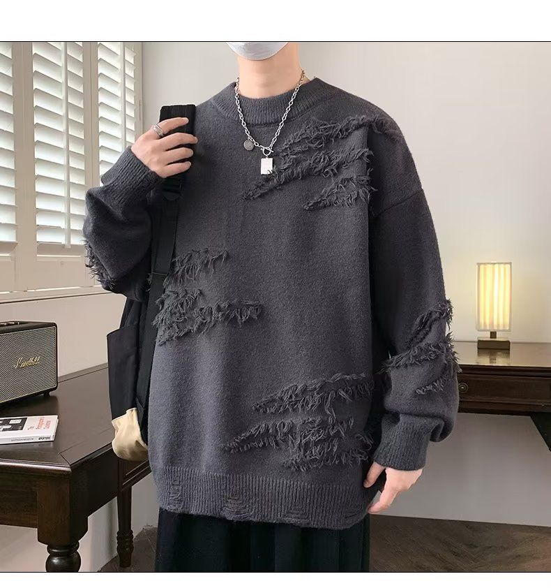 Maglione girocollo giapponese retrò tinta unita per uomo in autunno inverno, tendenza ampia e rilassata, maglia di base pullov aderente_voghion.com