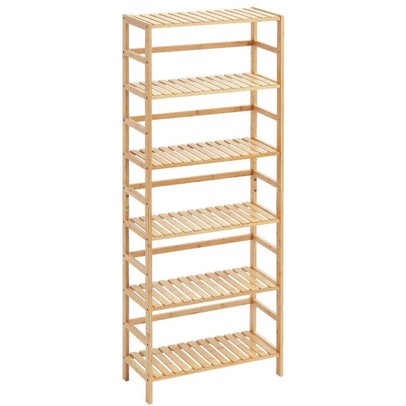 Rack 6 Tiers Bamboo Rectangle Bookshelf Bamboo Storage Bookcase Ladder_voghion.com